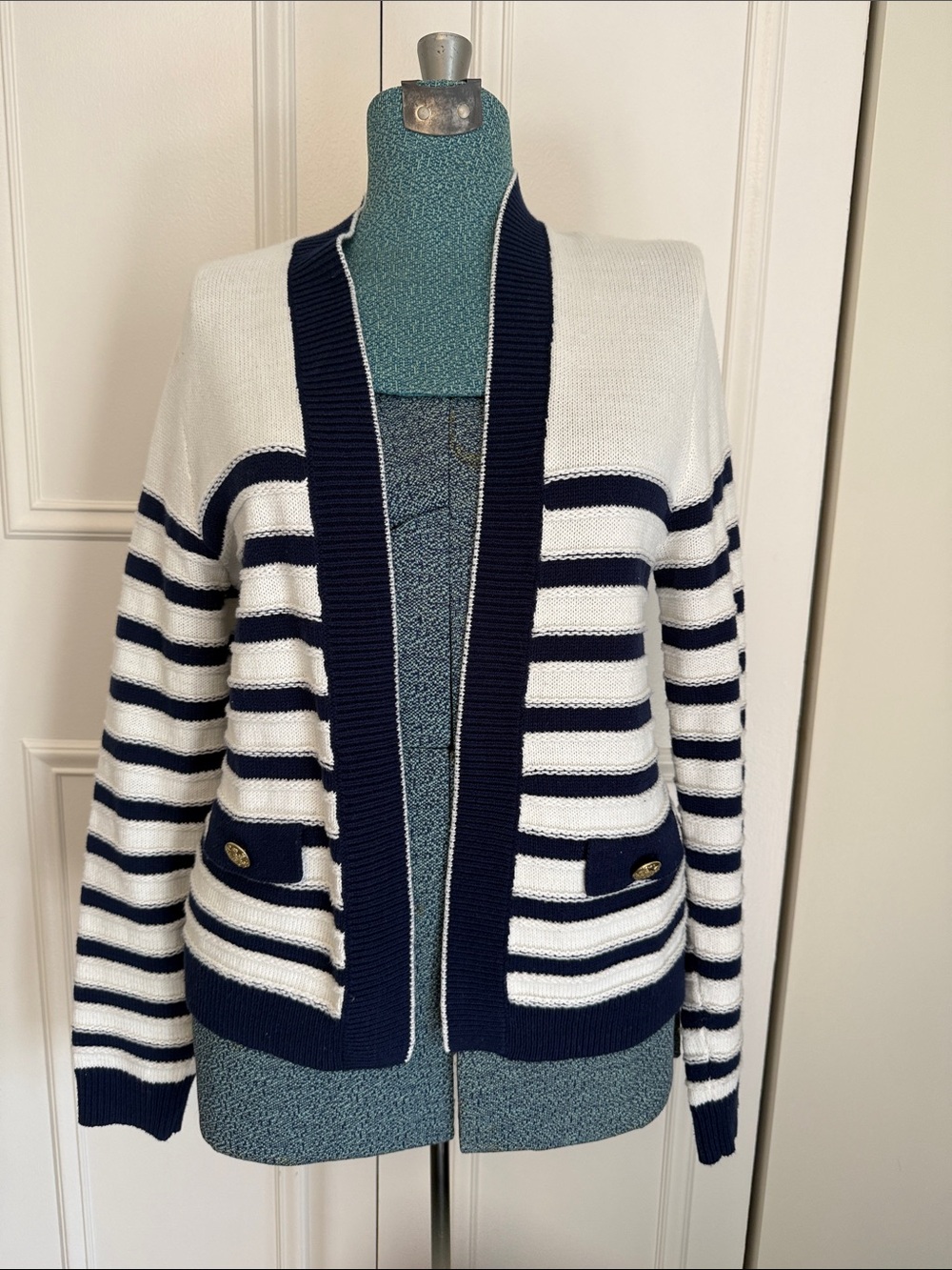 J. Crew Navy and White Striped Open Cardigan with Gold Buttons